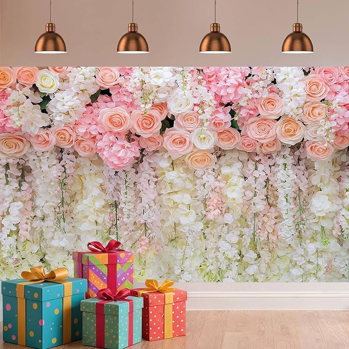5x4ft Pink Rose Flower Wedding Photography Backdrop Spring Floral Photography Backdrop Valentine's Day Mother's Day Girl Birthday Baby Shower Wedding Bridal Party Banner Photo Booth Props Background