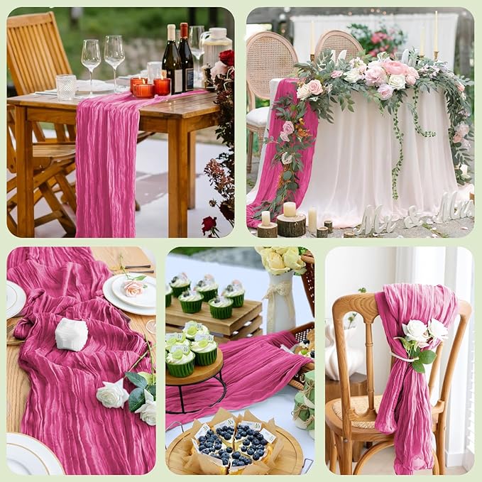 Asee'm 6pcs Cheesecloth Table Runner 120 Inches Long Deep Pink Boho Gauze Cheese Cloth Runner 10FT Rustic Sheer Table Runners for Christmas Wedding Party Baby Shower Spring Easter Decoration