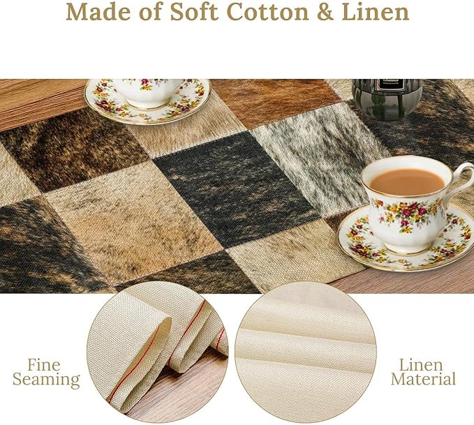 Rustic Cow Skin Patchwork Print Table Runner, Farmhouse Country Western Style Fur Table Cover for Dinning Home Party Holidays Home Setting, 13x90 Inch