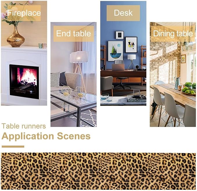 Leopard Print Dinning Table Runner, Cotton Linen Rustic Cottage Country Farm Safari Wildlife Fur Print Table Runners for Table Dresser Runner Dinning Kitchen Party Holidays Home, 13x70 Inch