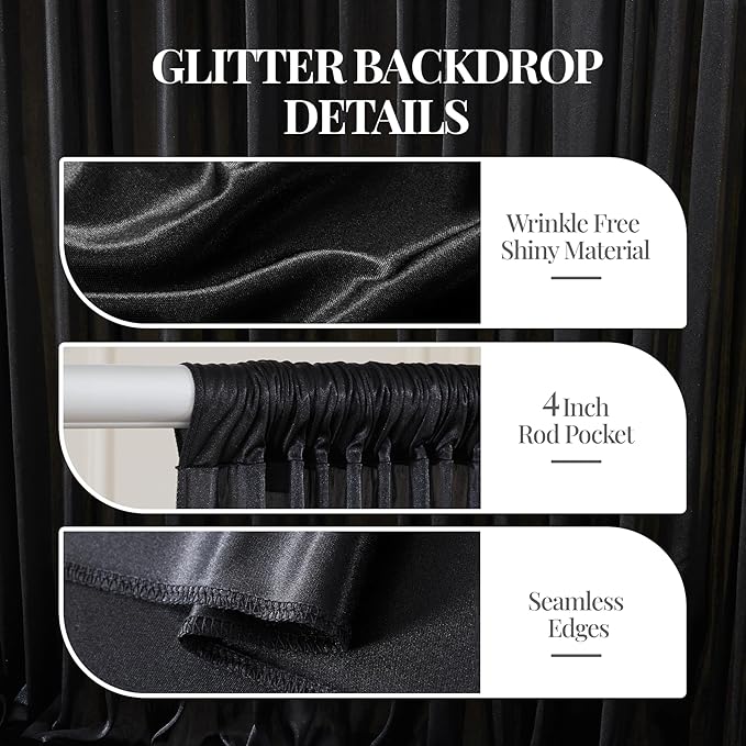 10x10 ft Black Glitter Backdrop Curtain for Parties, Wrinkle Free Satin Photo Backdrop Drapes 2 Panels 5x10FT Shimmer Back Drop Cloth for Wedding Birthday Halloween Photography Background Decor