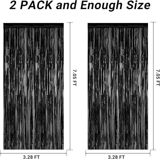 2 Pack 2025 Graduation Party Decorations, 3.28 FT x 7.05 FT Black Backdrop, Metallic Graduation Photo Backdrop Fringe Curtains Tinsel Backdrop Foil Streamer, Grad Party Supplies Photo Booth Props