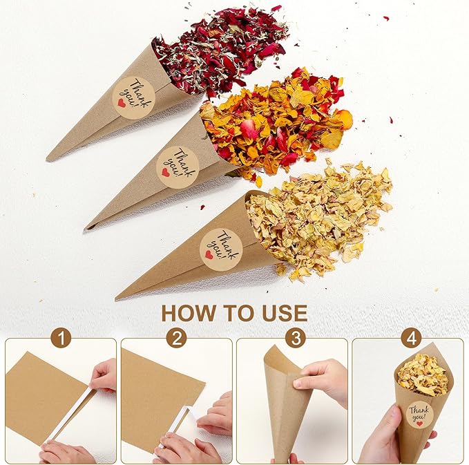 PATIKIL Dried Flower Confetti Cones, 30Pcs Paper Tapers Cone Holder with Dried Rose Petal / Sticker for Wedding Party Engagement Birthday DIY Decoration, Light Yellow/Pink