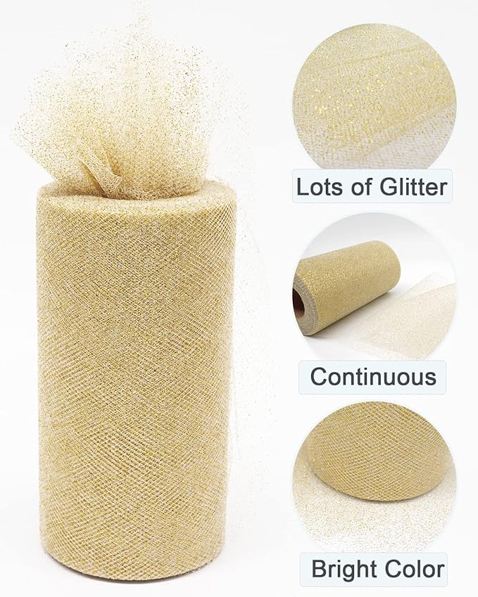 Glitter Gold Tulle Fabric Rolls, 6 Inch 50 Yards (150ft) Sparkling Spool Ribbon Sequin Netting for Tutu Skirt Gift Wrapping Wedding Party Decoration (White/Gold)