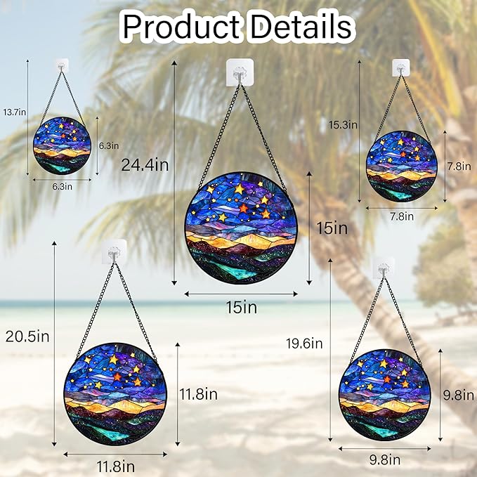 Stained Glass Window Hanging, Blue Sky Gold Stars Abstract Landscape Suncatcher for Doors Window Home Sun Catchers Decor Mother's Day Birthday Gifts for Women, Men Mom 11.8 in