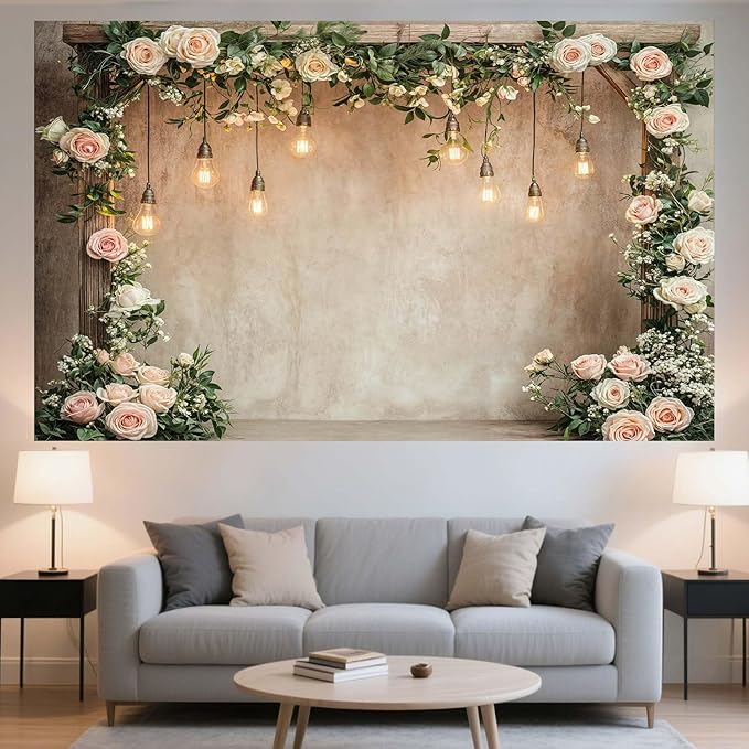 6x4ft Country Wedding Photography Backdrop Floral Rustic Roses Farmhouse Wooden Door Backdrop Pink Flower Birthday Baby Shower Wedding Bridal Party Banner Photo Booth Props Anniversary Background