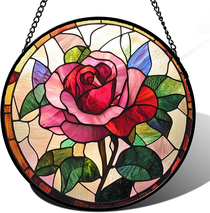 Stained Glass Window Hanging - Pink Rose Suncatcher for Door Garden Home Decor Birth Flower Sun Catcher Christmas Birthday for Friend Lovers Women Mom Nana 6.3 in