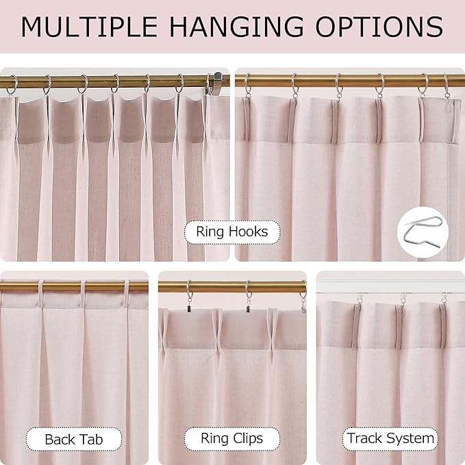 Vision Home Soft Pink Pinch Pleated Semi Sheer Curtains Textured Linen Blended Light Filtering Window Curtains 95 inch for Living Room Bedroom Patio Pinch Pleat Drapes with Hooks 1 Panel 60" Wx95 L