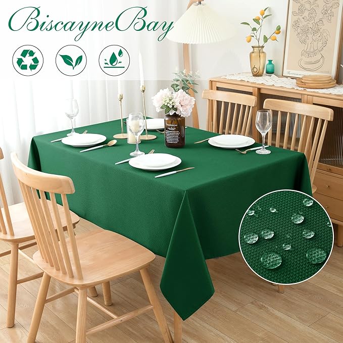 Biscaynebay Textured Fabric Christmas Rectangle Table Cloth 70x120 Inch, Hunter Green Water Resistant Tablecloths for Dining, Kitchen, Wedding and Parties etc. Machine Washable