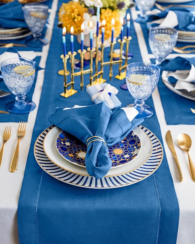 Solino Home Linen Hemstitch Table Runner 120 Inches Long - 100% Pure Linen Indigo Blue Table Runner 14 x 120 Inch for Fall, Autumn, Christmas - Classic Hemstitch