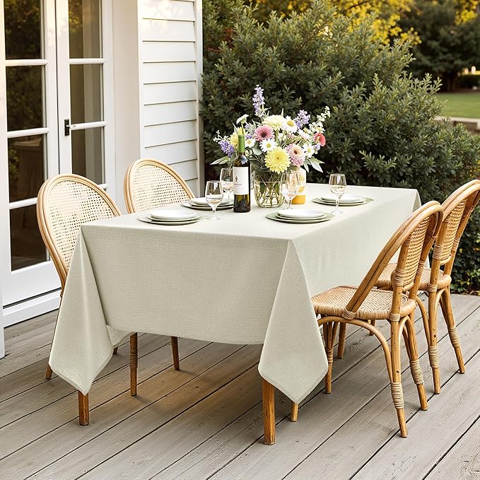 MIULEE Ivory Linen Cottton Table Cloth Rectangle Tablecloth Waterproof Spillproof Cross-Star Textured Table Cltoth Decorative Farmhouse Style for Dining Party Weddings 52x70 Inch