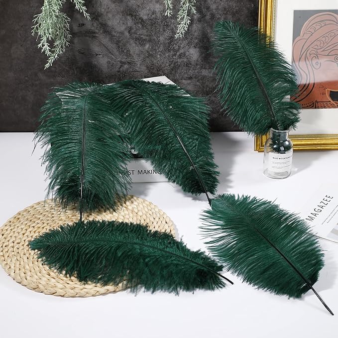 Ballinger Blackish Green Ostrich Feathers - 12Pcs 12-14inch Long Craft Feathers Bulk for Vase, Wedding Party Centerpieces Mardi Gras Decorations and Home Decor