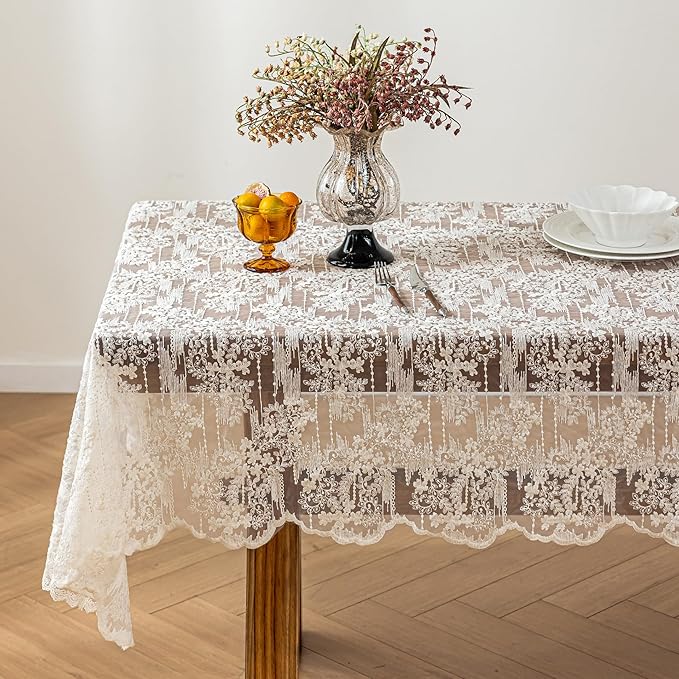 Lace Embroidered Tablecloth. Rectangle Lace Vintage Tablecloth Dustproof Table Protector for Kitchen Dining Room Party Banquet Home Picnic Wedding Decoration (Creamy White 78.5×53 inch)