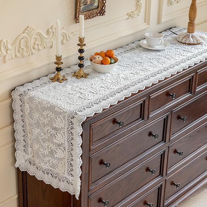 White Elegant Vintage Lace Table Runner,Wedding Lace Decor with Floral Embroidery,Tea Party Decor (White, 13.8X55 Inches)