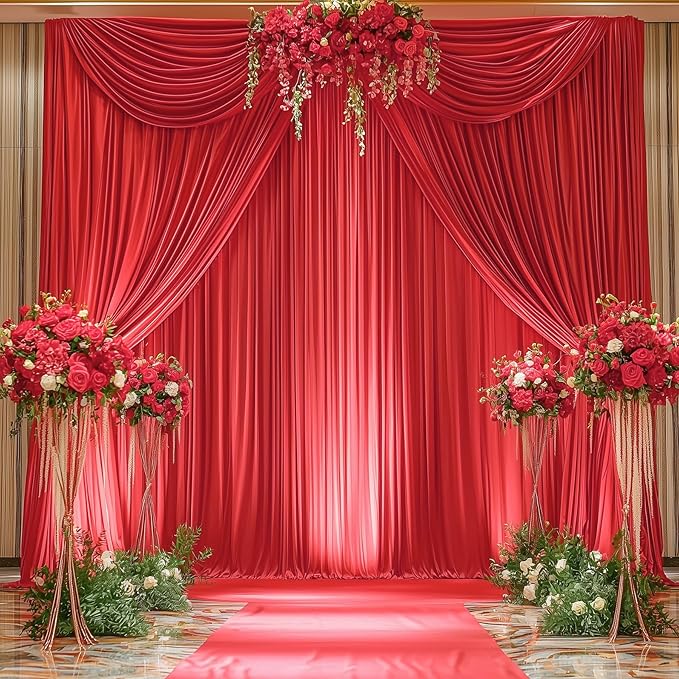 50ftx12ft Wrinkle Free Red Backdrop Curtain, 10 Panels 12FT Height Red Wedding Backdrop Drapes, Silky Polyester Back Drop Cloth for Birthday Photography Background Party Backdrop Draping