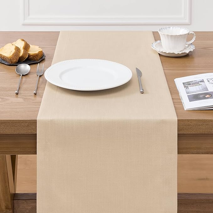ZeeMart Linen Textured Border Table Runner, 14 x 90 Inch Oatmeal, Farmhouse Style Beige Table Runners 90 Inches Long, Easy Care Everyday Polyester Table Runner