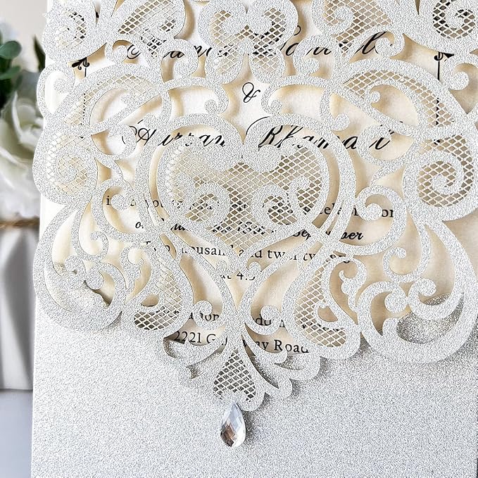 Hosmsua 5.1 x 7.3 Inch 50PCS Silver Glitter Wedding Invitation Cards with Rhinestone Laser Cut Hollow Flora Quinceanera Invitation with Envelopes for Bridal Shower Wedding Invite (Silver Glitter)
