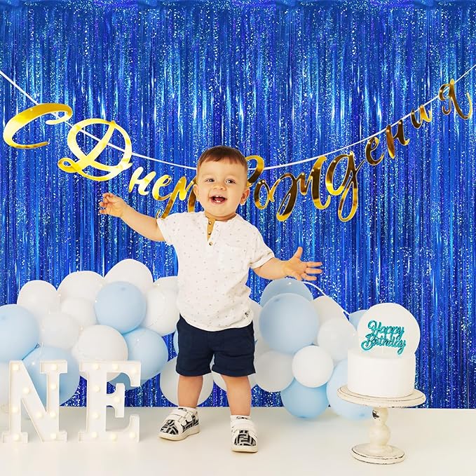 GOER 6.4 ft x 8.2 ft Metallic Tinsel Foil Fringe Curtains Party Photo Backdrop Party Streamers for Birthday,Graduation,New Year Eve Decorations Wedding Decor(2 Packs,Shiny Blue)