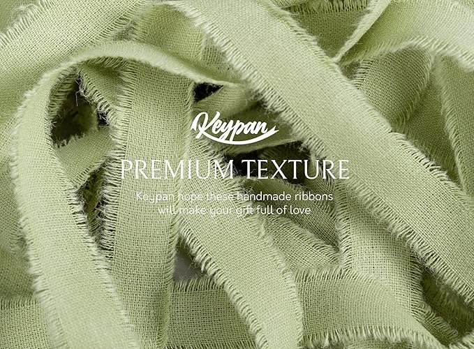 Sage Green Ribbon 5/8" x 21 Yards with Frayed Fringe Fabric Cotton Ribbons for Gift Wrapping Wedding Invitations Flower Bouquet Baby Shower