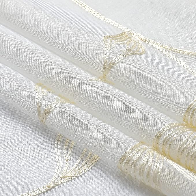 VISIONTEX Sheer Curtains 72 inch Length 2 Panels Set, White Voile Crushed Cream Vine Leaves Embroidery, Rod Pocket Embroidered Window Drapes for Living Room and Bedroom, 54" x 72"