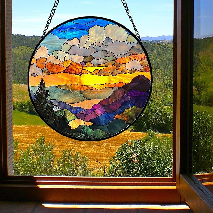Stained Glass Window Hanging, Abstract Clouds Mountains Landscape Suncatcher for Doors Window Home Sun Catchers Decor Mother's Day Birthday Gifts for Women, Men Mom 15 in
