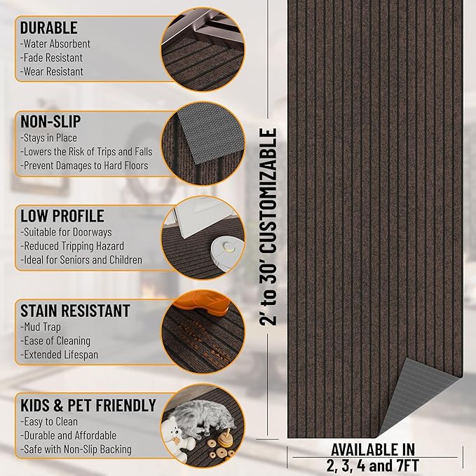 Ottomanson 2'7" x 24' Hallway Runner with Scraper Pile - Extra Durable Non-Slip Rug Mat for Indoor & Outdoor Use - Ideal for Kitchen, Entryway & Garage - High-Traffic Carpet, Brown