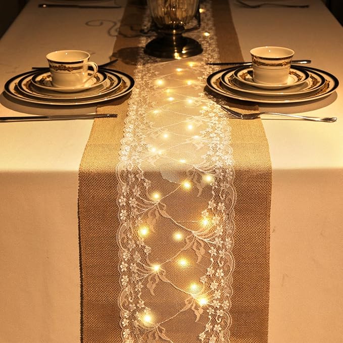 Xinnun 12 Pcs Burlap Table Runner with Lights 12 x 108 Inches Burlap Lace Table Runner Rustic Wedding Decorations Home Party (Vine)