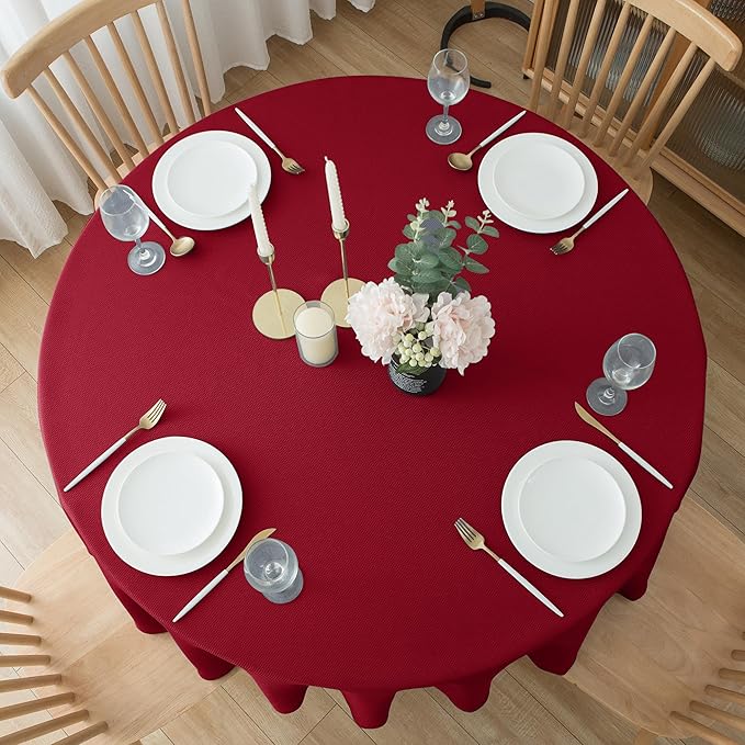 Biscaynebay 6 Pack Textured Fabric Round Tablecloths 60", Red Water Resistant Tableclothes Small Circle Folding Table Covers Linen for Dining, Kitchen, Wedding, Parties etc Machine Washable