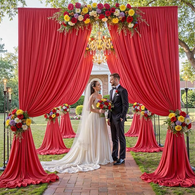 50×14ft Wrinkle Free Red Backdrop Curtain for Wedding Parties,10 Panels 5×14ft Height Soft Silky Polyester Backdrop Drapes Photo Back Ddrop Curtains for Events Photography Christmas Background Cloth