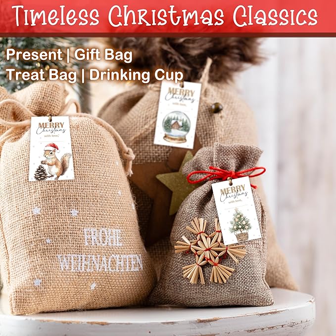 40 Pcs Christmas Gift Tags, 2.1"×3.5" Merry Christmas Tree Paper Tags with String, Hanging Presents Label Wrapping for Party Favor Decorations, 4 Styles - A03