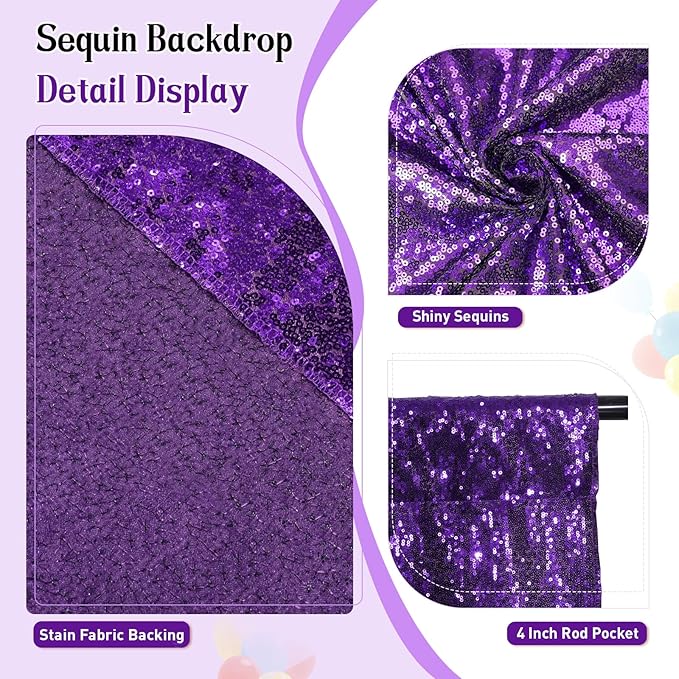 SquarePie Sequin Backdrop Curtain Not See Through Thick Glitter Background for Party 8FT x 10FT Purple