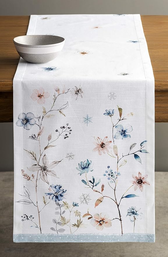 Maison d' Hermine Table Runner 100% Cotton Single Layer Table Runners 72 inches Long for Thanksgiving Christmas Decorations Home Kitchen Dining Party Wedding (Ice Florals, 14.5" x 72")