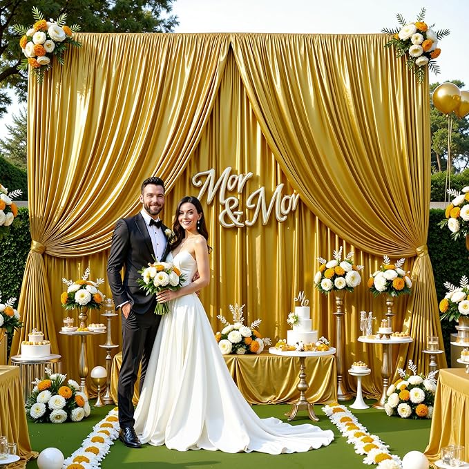Golden Brown Satin Backdrop Curtains 2 Panels - Glitter Photo Drapes for Baby Shower, 10x10FT Shimmer Back Drop Cloth, Wrinkle Free for Golden 50th Birthday Party Decorations