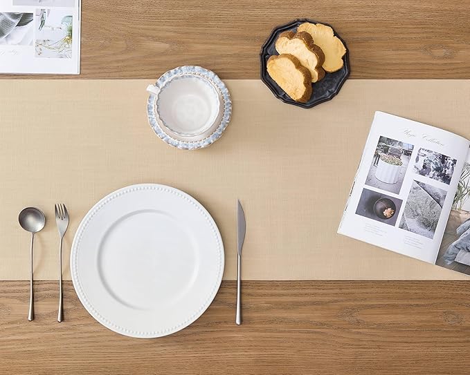 ZeeMart Linen Textured Border Table Runner, 14 x 90 Inch Oatmeal, Farmhouse Style Beige Table Runners 90 Inches Long, Easy Care Everyday Polyester Table Runner