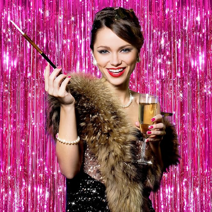 2Pack Hot Pink Metallic Tinsel Foil Fringe Curtains Backdrop for Pink Party Birthday Wedding Bachelorette Baby Shower Holiday Party Decorations Photo Booth Props, Bachelorette Christmas Party Decors