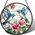 Stained Glass Window Hanging - Blue White Hummingbirds Pink Flowers Suncatcher for Door Terrace Garden Home Decor Bird Sun Catcher Birthday Gifts for Lovers Women Men Dad Mom Nana 7.8 in