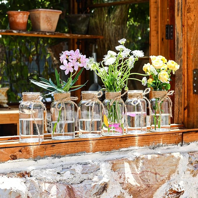 Set of 6 Vintage Glass Vases for Flowers Farmhouse Clear Glass Vases for Centerpieces Small Flower Vases with Twine Ties for Wedding, Parties & Home Decor