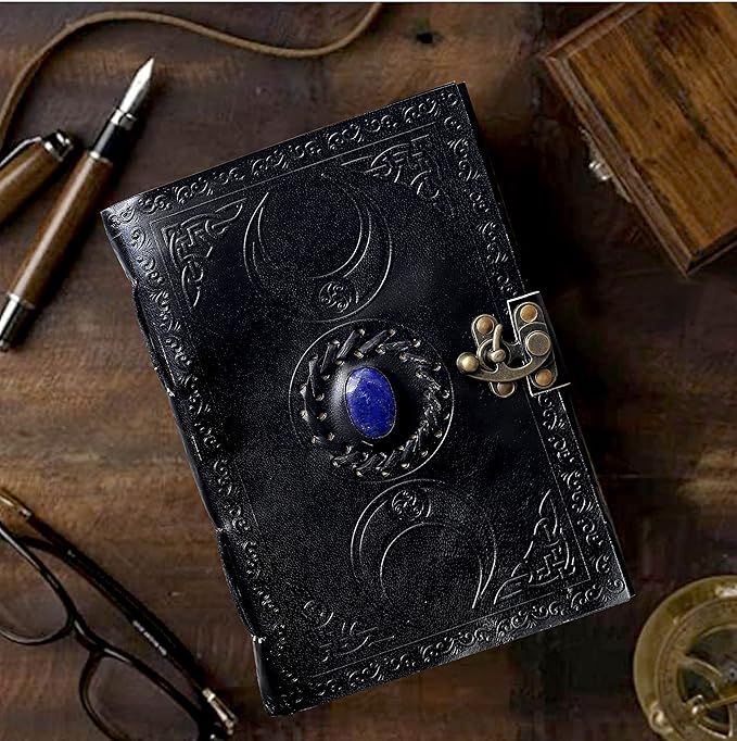 3 Moon Blue Lapiz Embossed Vintage Leather Journal | 240 Pages of Antique Handmade Deckle Edge Vintage Paper, Leather Sketchbook, Drawing Journal, Great Gift (5 by 7 inch, black)