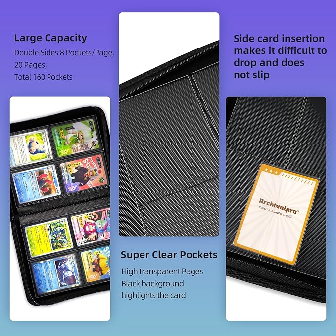 4 Pockets Premium Card Binder 160 Cards Trading Card Binders No Ring Card Storage Display Album(4 Pocket 160 Card Slot,Blue)
