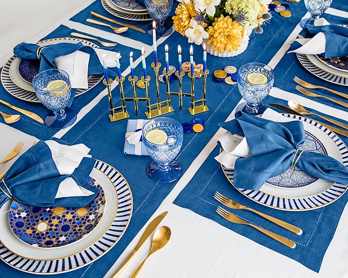 Solino Home Linen Indigo Blue Hemstitch Table Runner 60 Inches - 100% Pure Linen Small Table Runner 14 x 60 Inch Ideal for Dresser and Coffee Tables - Classic Hemstitch - Fall, Autumn, Halloween