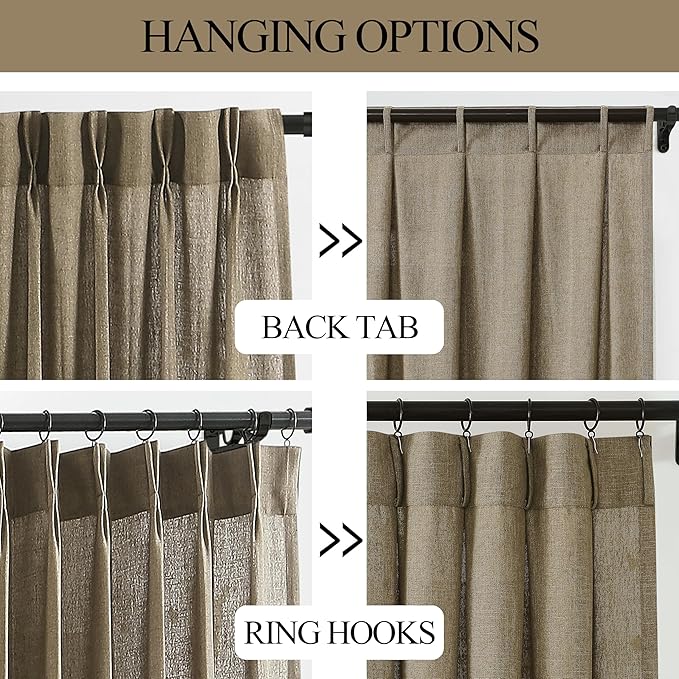Vision Home Brown Pinch Pleated Semi Sheer Curtains Textured Linen Blended Light Filtering Window Curtains 90 inch for Living Room Bedroom Pinch Pleat Drapes with Hooks 2 Panels 40" Wx90 L
