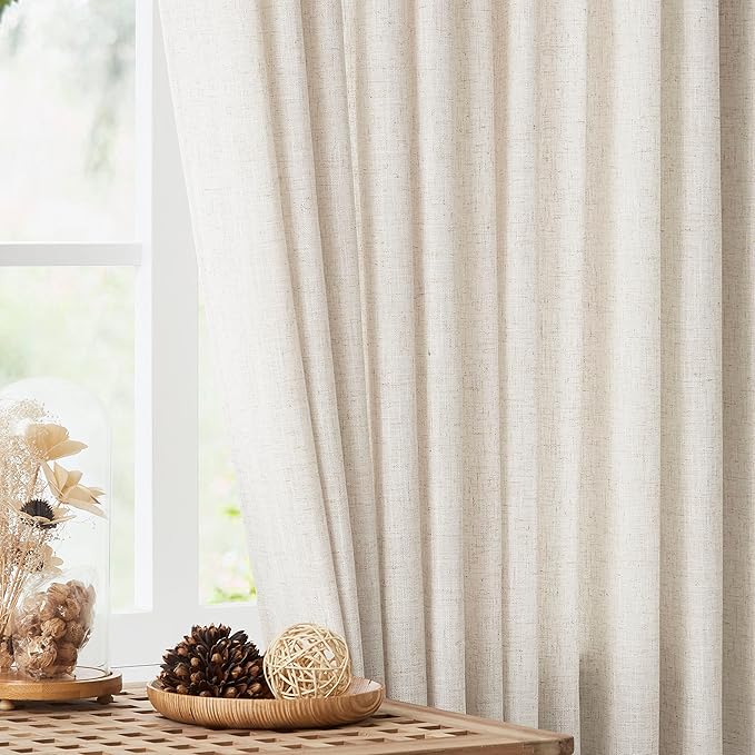 Vision Home Natural Pinch Pleated Semi Sheer Curtains Textured Linen Blended Light Filtering Window Curtains 90 inch for Living Room Bedroom Patio Pinch Pleat Drapes with Hooks 1 Panel 84" Wx90 L