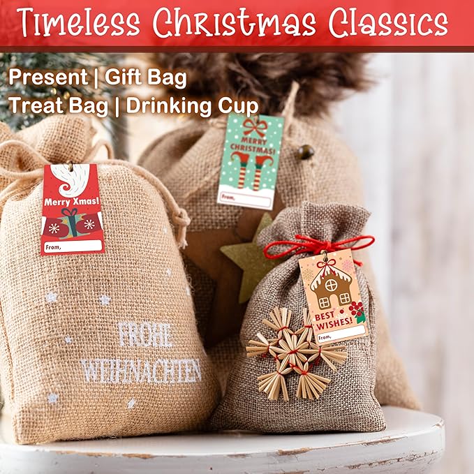 40 Pcs Christmas Gift Tags, 2.1"×3.5" Merry Xmas Paper Tags with String, Hanging Christmas Presents Label Wrapping for Party FavorDecorations, 4 Styles - A04