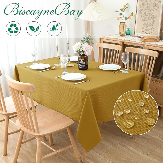 Biscaynebay Textured Fabric Christmas Rectangle Tablecloths 60x84 Inches, Gold Water Resistant Tablecloths for Dining, Kitchen, Wedding, Parties etc. Machine Washable