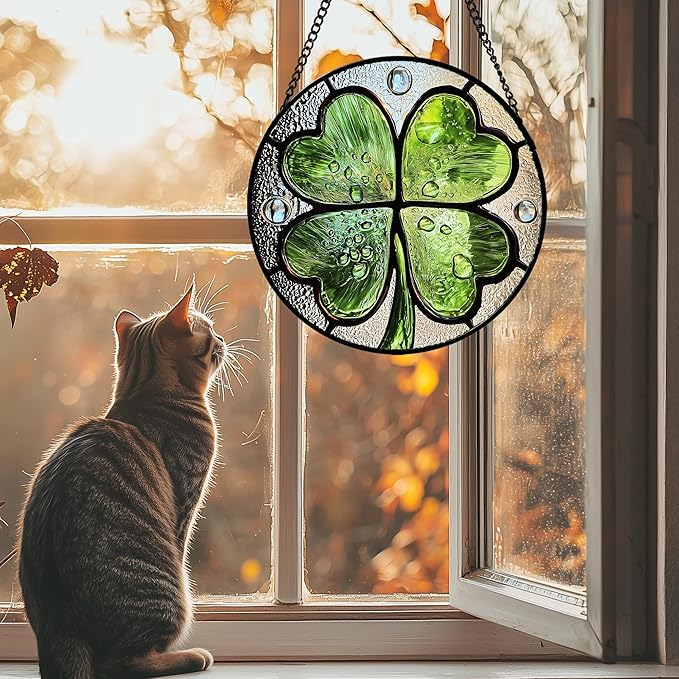 Stained Glass Window Hanging, Green Silver 4 Leaf Clover Sun Catcher for Window Door Home Decor Plant Suncatcher Christmas Mother's Day Birthday Gifts for Women Men Mom Nana 11.8 in
