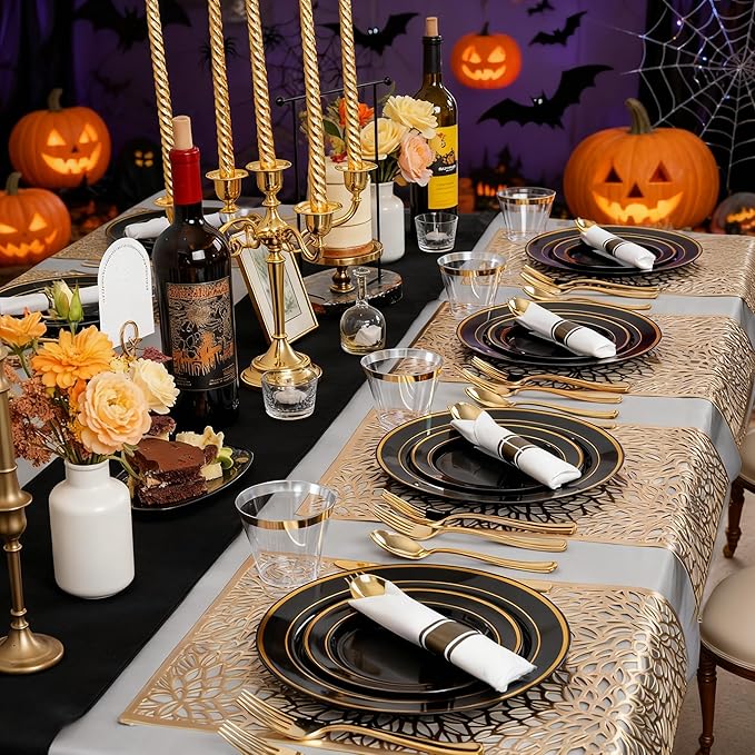 175PCS Black and Gold Plates - Black Disposable Plates for Party - 25Guests Disposable Dinnerware Set for Halloween/New Year/Wedding