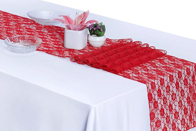 MDS Pack of 10 Wedding 12 x 108 inches Lace Table Runner for Wedding, Decorations for Birthday Parties, Banquets, Graduations, Engagements, and Runners fit Rectangle, Round Table- Red