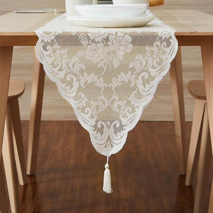 LinenZone Ivory Table Runner with 2 Tassels for Rustic Vintage Decor. Lace Table Runner Works Great As Wedding, Thanksgiving or Christmas Table Decor (Mia 14 x 72, Ivory)