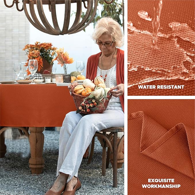 Biscaynebay Fall Tablecloth Textured Fabric 70x108 Inch Rectangular, Rust Thanksgiving Autumn Harvest Water Resistant Fabric Tablecloths for Kitchen, Dining, Wedding, Parties Machine Washable