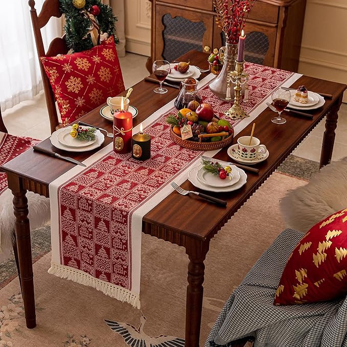 Table Runners 48 Inches,Christmas Tree Table Runner with Tassel Fringe, Gift Table Runner for Party，Coffee Table, Festival